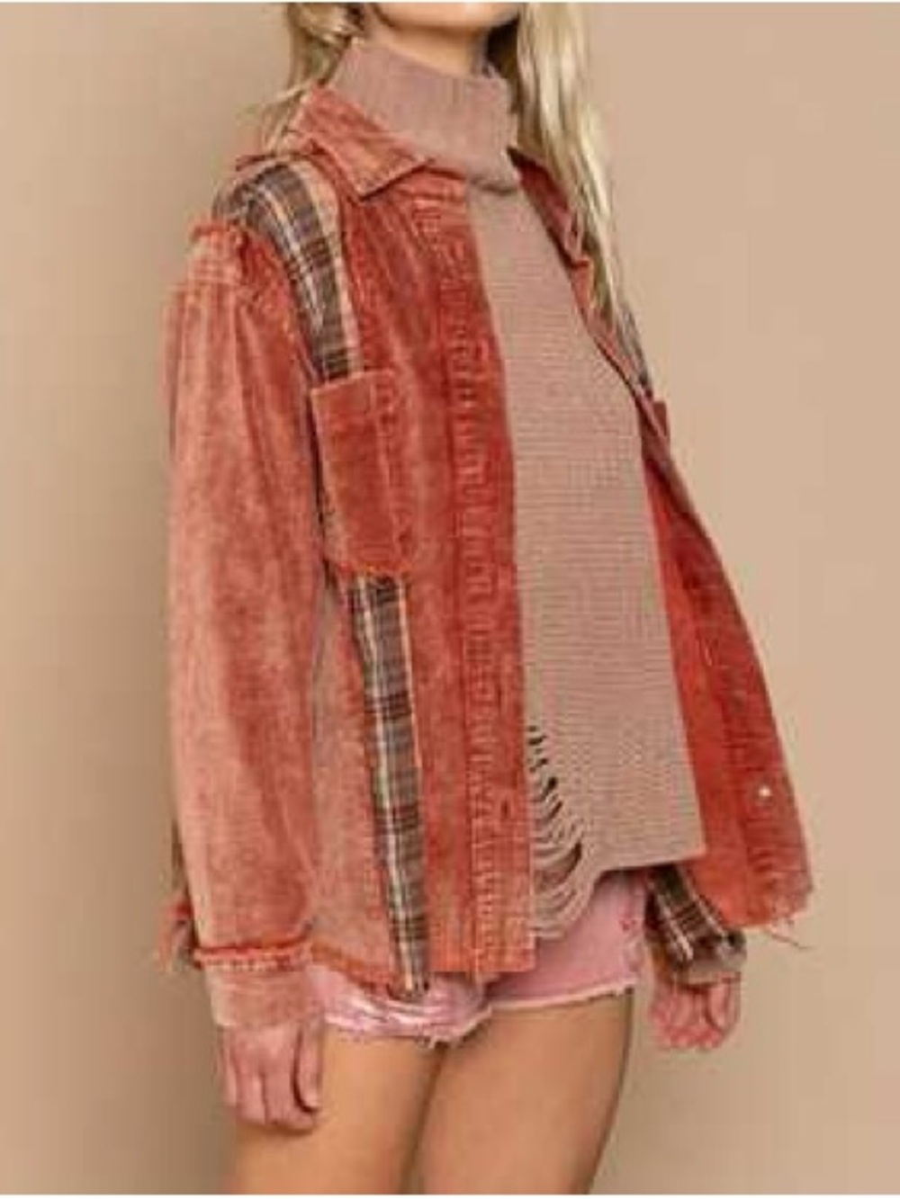 POL Patchwork Corduroy Plaid Shacket Rust Brown Jacket Size L YWJ3